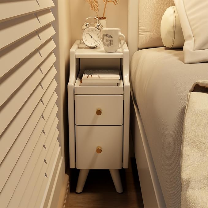 AQIMUELE Narrow Nightstand with Drawers, Wood Bedside Table, Small White Nightstand Set of 2