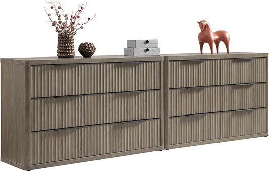 SICOTAS Dresser for Bedroom 107" Wide 6 Drawer Dressers & Chests of Drawers for Closet Long Large Modern TV Stand Set for Clothes Storage Fluted Clothes Closet for Hallway Entryway, Grey Alder