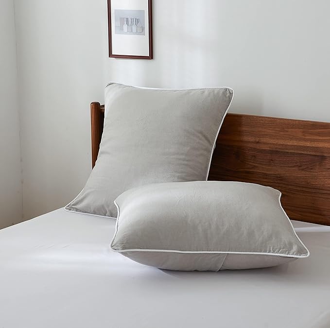 Simple&Opulence 100% Linen Euro Sham Covers with Piping Trim, 26"x26" Pillow Cover Set of 2, Breathable Pillow Shams for Bed Couch Decorative Cushions, Light Grey