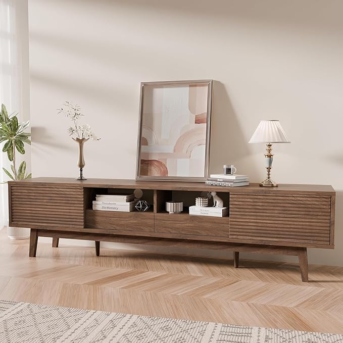 TOLEAD 70" TV Console with Fluted Sliding Doors, Mid Century Modern TV Stand for 55/65/75 Inch TV, Low Profile, Boho Media Console Credenza for Living Room, Walnut