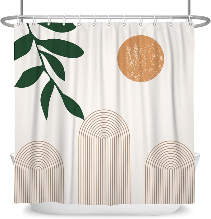 Boho Mid Century Shower Curtain Abstact Arch Sun Leaves Modern Minimalist Geometric Plant Aesthetic Shower Curtains Polyester Fabric Bathroom Decoration Curtain with Hooks 72x78 inch