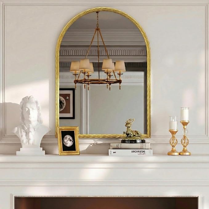 Large Vintage Arched Wall Mirror - 24"X36" Gold Rope-Like Metal Framed Mounted Mirror for Wall Decor, Vanity Mirrors for Bathroom, Living Room, Bedroom, Fireplace