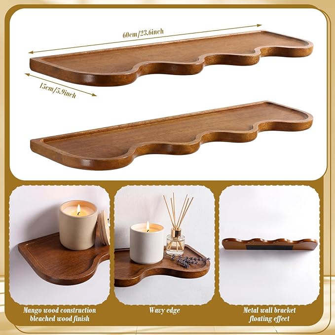 Pinkunn 2 Pcs Floating Shelves for Wall Wood Scalloped Floatings Shelf Live Edge Floating Shelves Modern Scalloped Mounted Shelf Farmhouse Wall Decor for Home Bedroom Kitchen (Walnut,24" X 6")