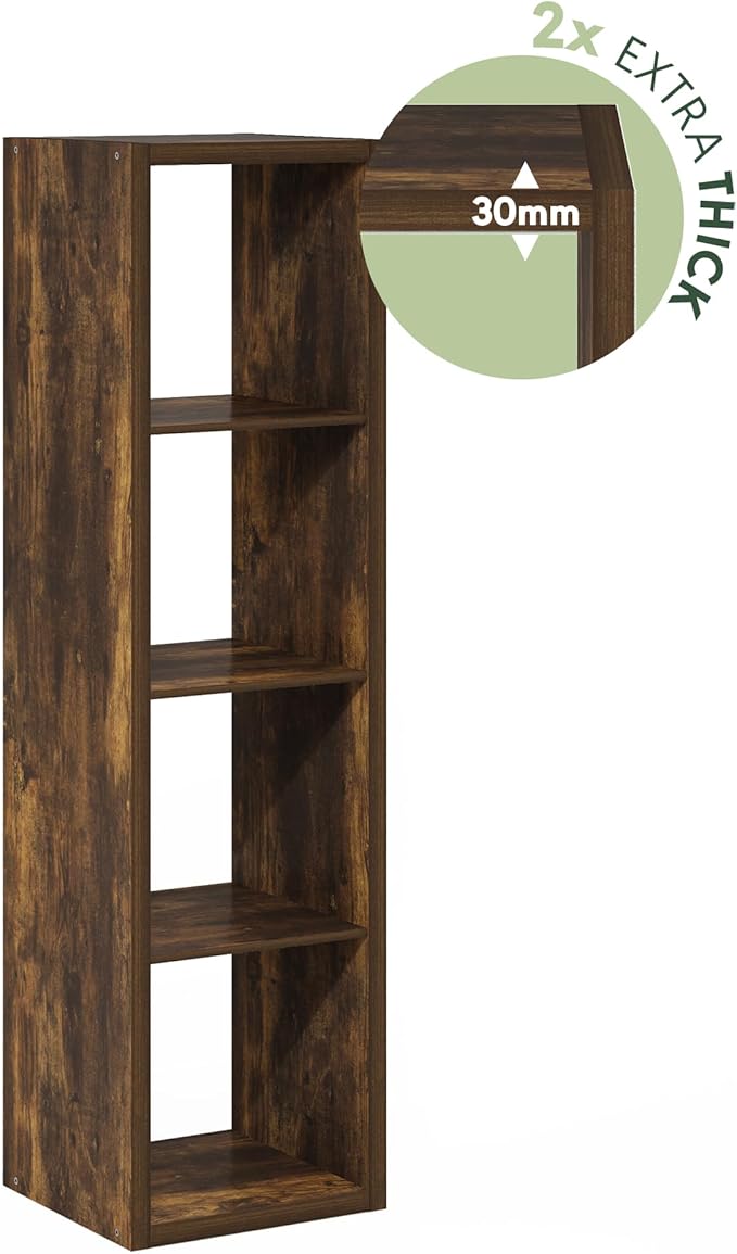 Furinno Cubicle Book Shelf, Vertical 4-Cube Bookshelf, Extra Thick Horizontally & Vertically Reversible Bookcase with Open Back, 14.6" x 16" x 58", for Living Room, Bedroom, Home Office, Amber Pine