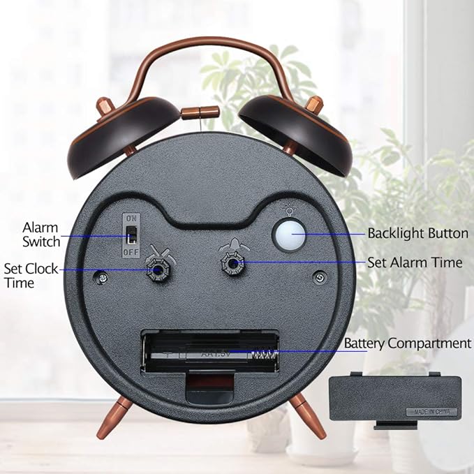 Peakeep Retro 4.5 inches Battery Operated Twin Bell Loud Alarm Clock (Black with Arabic)