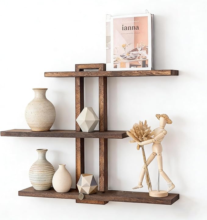 Modern Wooden Floating Shelf, 3 Tier Wall-Mounted Storage Rack, Mid Century Modern Display Shelves for Plant Rock Crystal Photo, Farmhouse Wall Decor for Living Room Bathroom (Brown)