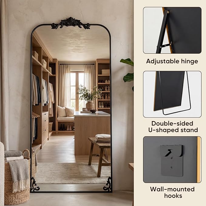 Antok Arched Full Length Mirror, 32"x71" Floor Mirror with Carved, Full Body Mirrors for HomeDecor, Standing/Halling Large Wall Mirror for Bedroom, Living Room, Cloakroom, Black, Luxury Style