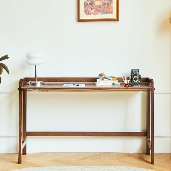 Solid Wood Folding Desk Mid Century Modern Table, 55'' Foldable Writing Computer Desk for Home Office, Simple Study Makeup Workstation, Wooden Study Office Desk Table for Small Spaces, Walnut Color