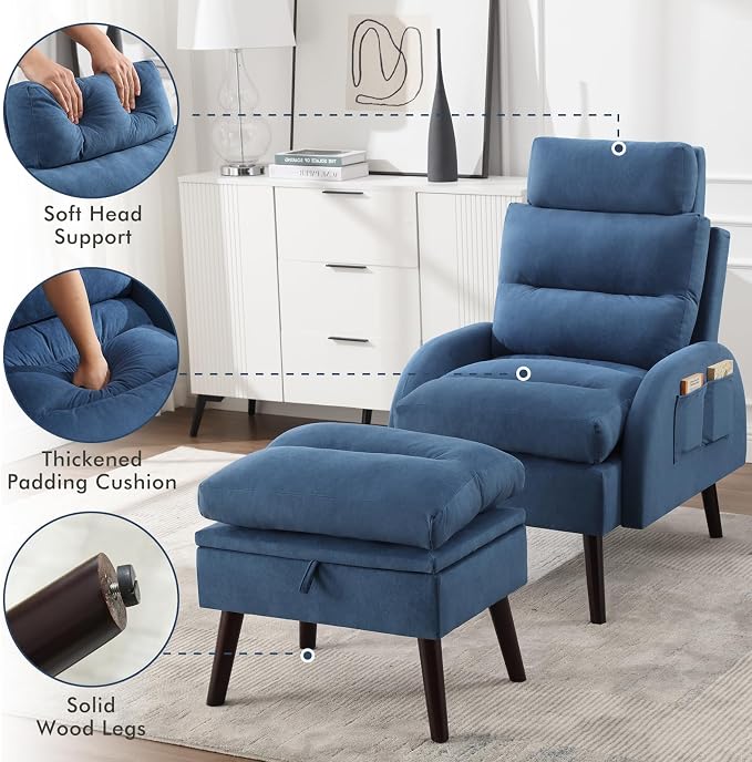 HCHAIRH Accent Chair with Ottoman, Velvet Comfy Reading Chair and Ottoman Set, Modern Oversized Velvet Lounge Sleeper Armchair with Adjustable Backrest for Living Room Bedroom, Blue