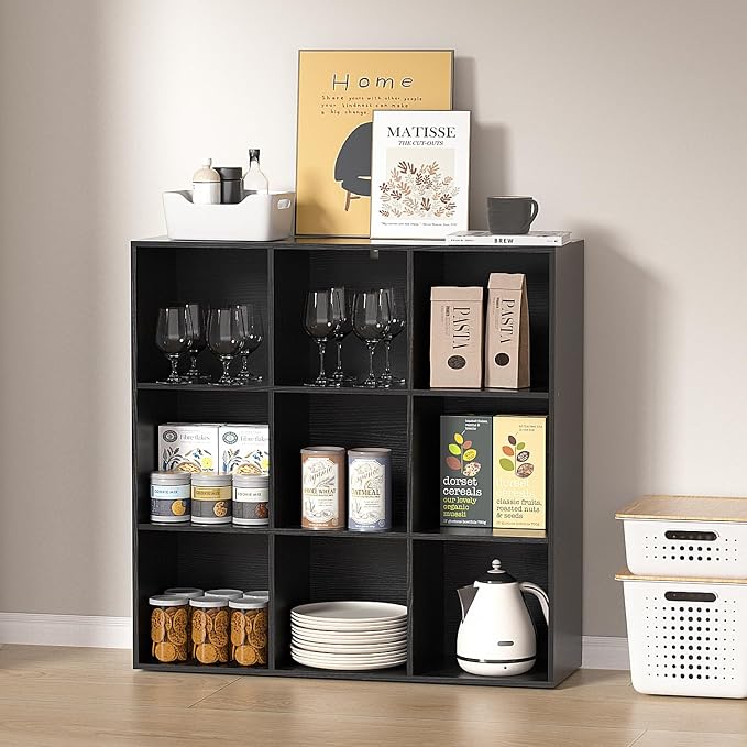 Wooden 9 Cube Storage Organizer with Closed Back Panel,Black Cube Shelf Cubby Storage Organizers with Compartments for Living,Bookshelf,Organizers Easy to Install (Black, 9 Cube)