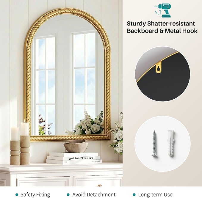 Gold Arched Wall Decor Mirror - 24"X36" Large Vintage Rope-Like Metal Framed Decorative Mounted Mirror for Wall Decor, Vanity Mirrors for Bathroom, Living Room, Bedroom, Fireplace