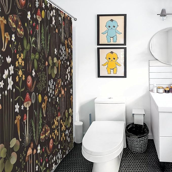 Mushroom Shower Curtain, Retro Wild Floral Botanical Mushroom Floral Moth Cottagecore Nature Plants Leave Herbs Black Farmhouse Waterproof Fabric Bathroom Shower Curtain Set with Hooks, 72"x78" Inch