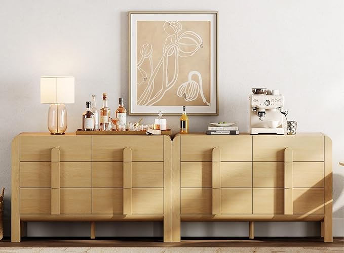 WAMPAT 94.4" W Buffet Cabinet with 12 Drawers, Modern Sideboard Buffet Cabinet with Storage, Buffet Table Coffee Bar Wine Bar Storage Cabinet for Dining Room, Living Room, Hallway, Oak