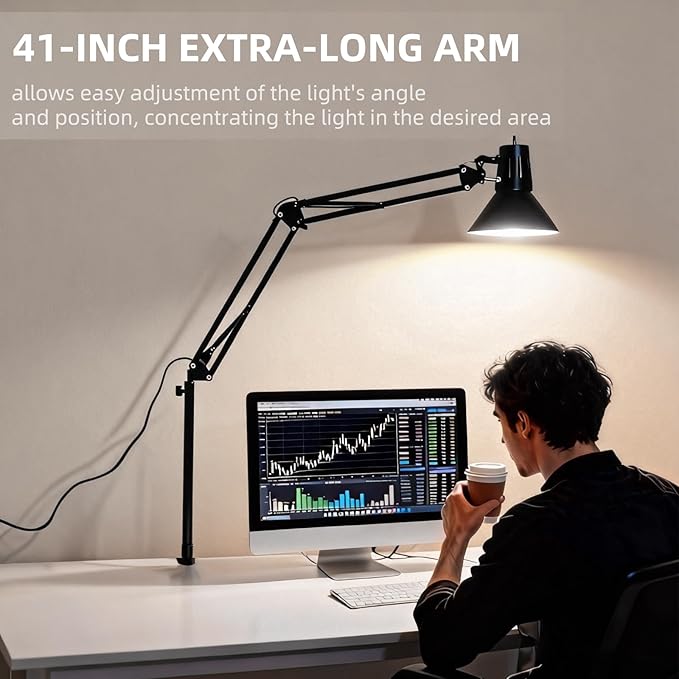 LED Desk Lamp With Clamp for Home Office, Eye-Caring Clip on Light with Adjustable Extra Tall Metal Swing Arm, High Intensity Clamp w/A19 E26 Bulb for Working Reading, 3000k Table Lamps Warm Light