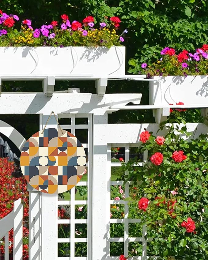 Welcome Sign for Front Door Decor,Modern Vintage Geometric Europen Mid Century Wood Door Hanger for Outdoor Outside Porch,12 Inch Round Wooden Wreath Indoor Wall Hanging Decoration