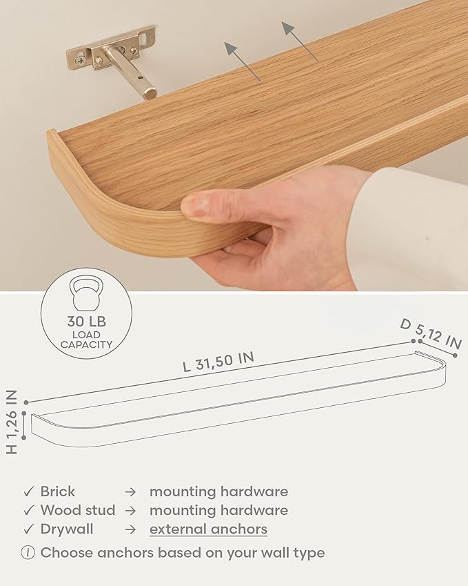 Kazai.® 31.5 inches Wall Shelf 'Toke' | Picture Ledge in Real Wood Veneer | Floating Wooden Shelf for Photos, Wall Decor, and Storage in Bathroom, Living Room, Kitchen, or Bedroom | Oak