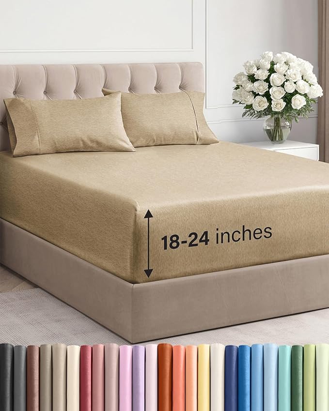 Extra Deep Twin Sheet Set - 4 Piece Breathable and Cooling Sheets - Hotel Luxury Bedding for Women, Men, Kids & Teens - Easy & Secure Fit - Soft and Wrinkle Free - Extra Deep Pockets - Heathered Tan