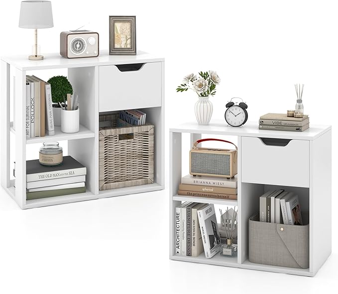 LOKO 3-Cube Bookshelf with Drawer Set of 2, 2-Tier Open Shelf Bookcase, Freestanding Display Shelf, Modern Home Storage Organizer, Shelving Unit for Living Room, Study, Office (2, White)
