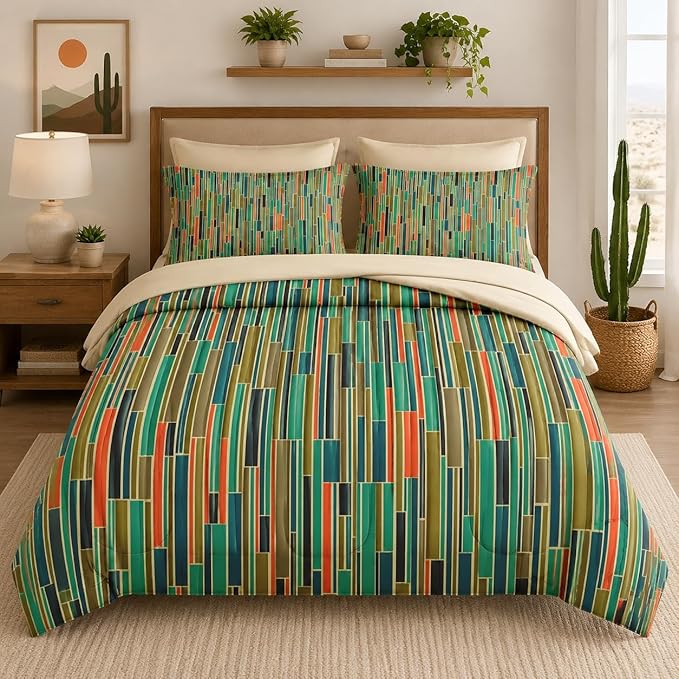 Nesker Comforter Set King Size, Mid Century Geometric Retro 7 Pcs Bedding for Kids and Adults, Stripe 50S Vintage Bed Sheet Sets with Fitted Sheet 2 Pillowcases & 2 Shams