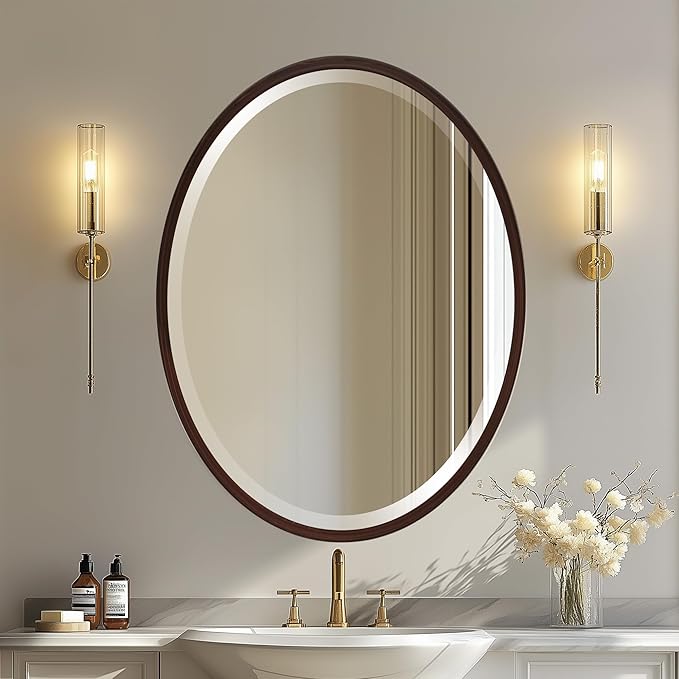 OVALCREST - Oval Wooden Beveled Wall Mirror for Home Decor, Bathroom, Vanity, Bedroom, Living Room, Hallway - London Style (Black Walnut) 25.1 x 21.1