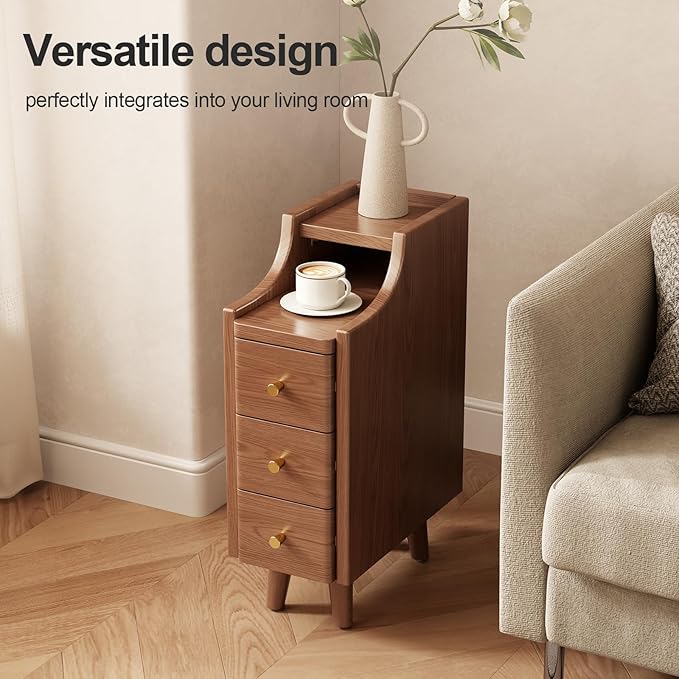 Solid Wood Narrow Nightstand with Drawers,Walnut Nightstand Wood Bedside Table Modern for Bedroom,Study,Toilet