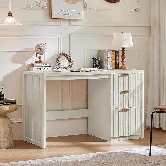 LEYAOYAO Office Desk 48" with 3 Drawers Storage File Cabinet Wood Fluted Desk for Computer Office Bedroom Home Furniture White