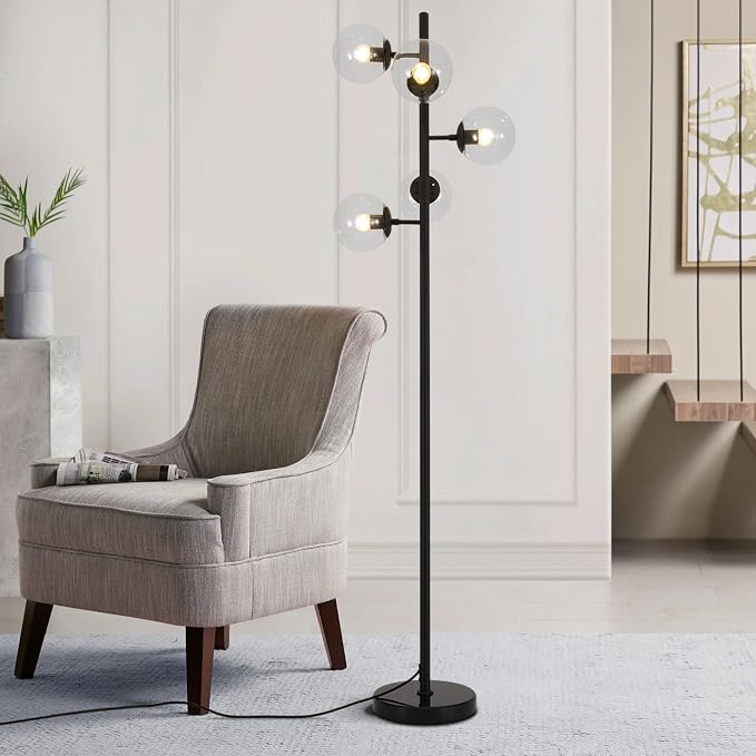 KCO Lighting 5 Light Globe Floor Lamp Black Tall Floor Lamp Mid Century Modern Floor Light Contemporary Standing Lamps for Living Room Bedrooms Office