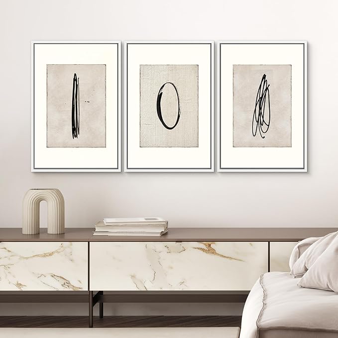 SIGNWIN Framed Canvas Print Wall Art Set Mid-Century Modern Paint Strokes Abstract Shapes Illustrations Modern Art Decorative Minimal Multicolor for Living Room, Bedroom, Office - 16"x24"x3 White
