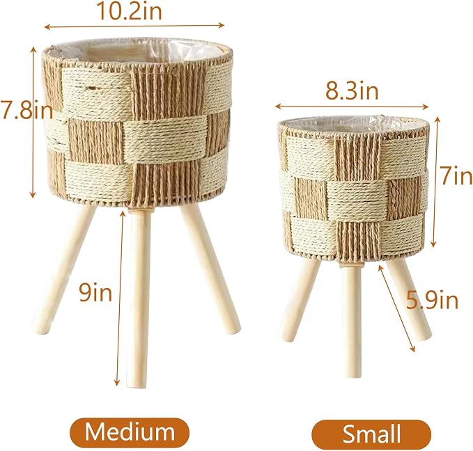 Boho Rattan Plant Stand Set of 2 – Handwoven Wicker Mid-Century Modern Floor Planter Stand for Indoor Plants, Large Farmhouse Decor, Sturdy Wood & Rope Design, Housewarming Gift