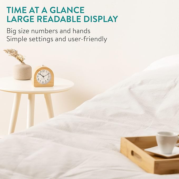 Navaris Wood Analog Alarm Clock - Half-Round Battery-Operated Non-Ticking Clock with Snooze Button and Light - Light Brown