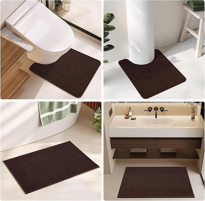 Toilet Rug, Thin Toilet Rugs U Shaped Washable Non Slip Absorbent Quick Dry Low Pile Toilet Mat, Brown 20"x24" U Shape