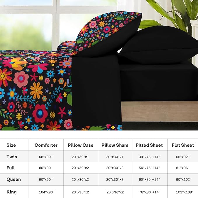 Nesker 7 Pcs Comforter Set Queen Size, Mexican Floral Flower Bedding Set for Kids and Adults, Retro Red Beautiful Sheets Bed Sheet Sets with Fitted Sheet 2 Pillowcases & 2 Shams