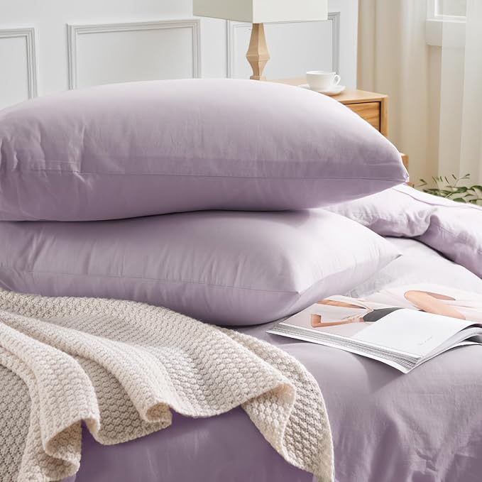 NEXHOME PRO Duvet Cover Set 100% Washed Cotton California Kingn 104"x98", Organic Natural Linen Look Textured 3 Pieces Bedding Set Lavender Lilac with Zipper Closure, Breathable Soft(No Comforter)