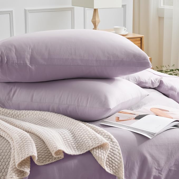 NEXHOME PRO Duvet Cover Set Queen Size Linen Feel Textured Organic Natural 100% Washed Cotton Duvet Cover Purple Lavender Lilac 3 Pieces Bedding Set Zipper Closure, Breathable, Soft (No Comforter)
