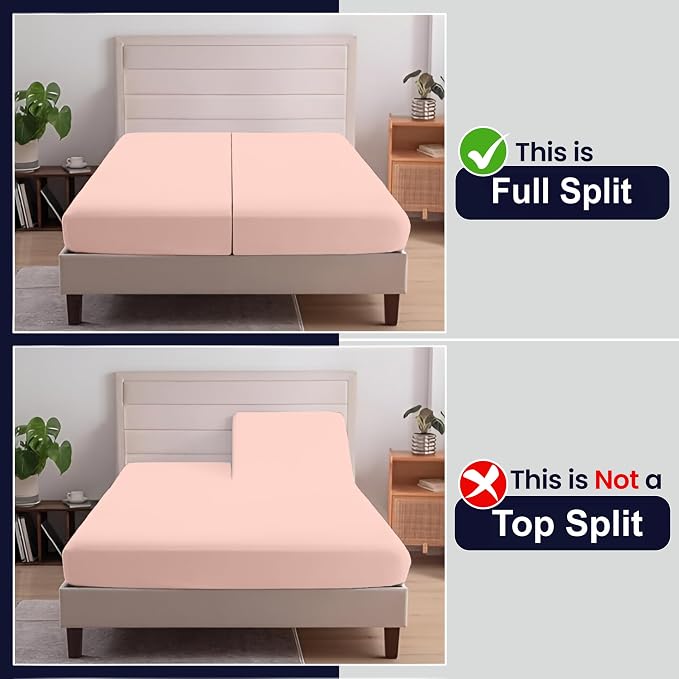 SGI Split King Sheet Set for Adjustable Bed Egyptian Premium Cotton 600 Thread Count Sheets for Sleep Number Bed 15" Deep Pocket 5 Pc Set with 2 Twin XL Fitted Sheets Soft Breathable -Peach