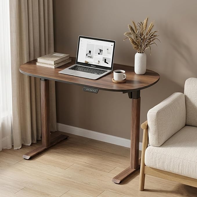 Electric Standing Desk 55x24, One-Piece Walnut Desktop, Height Adjustable Sit Stand Workstation with Quiet Motor & Memory Presets, Oval Leg Home Office Standing Desk, Anti-Collision, Minimalist Design