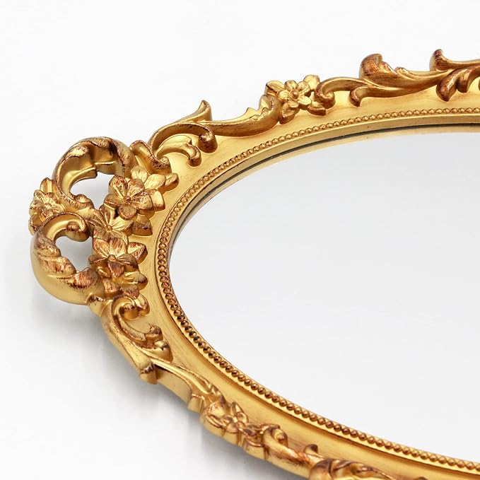 Tstarer 2 Pack - Vintage Decorative Gold Framed Mirror, Wall Hanging Mirrors & Tabletop Tray for Bedroom Living Room Dresser Decor, Oval- 9.6" W x 14.3" L (GOLD-2PACK)