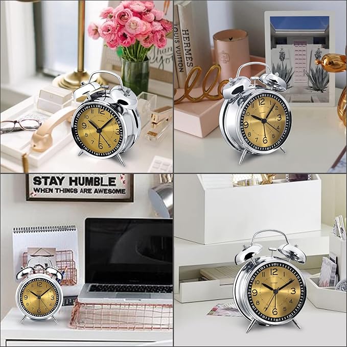 Peakeep Loud Alarm Clock for Heavy Sleepers Adults, Metal 4.5" Twin Bell Battery Operated Alarm Clocks for Bedrooms Decoration (Golden)…
