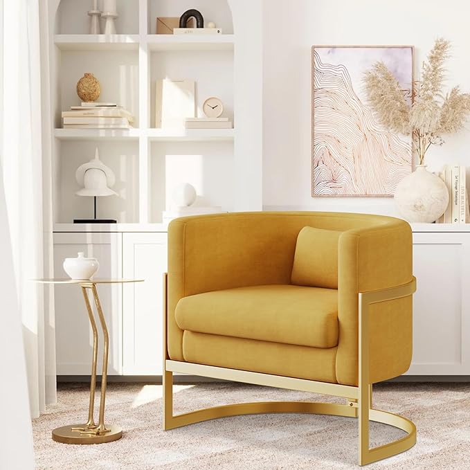 Velvet Accent Chair Modern Barrel Chair with Gold Legs Upholstered Armchair for Bedroom Living Room Sofa Chair Club Side Chairs Yellow
