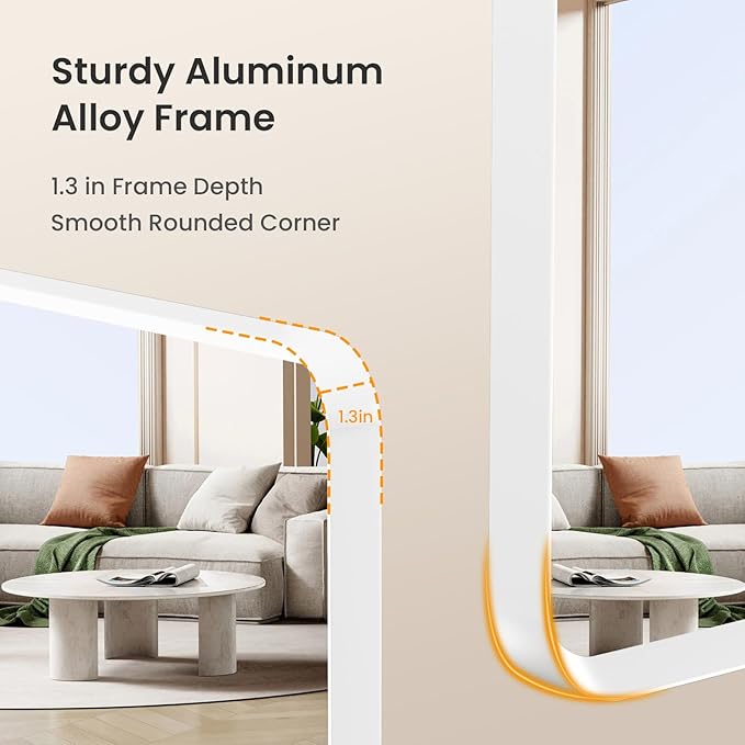 24x36 inch White Bathroom Mirror, White Metal Framed Rounded Rectangle Wall Mount Vanity Mirror, HD Tempered Glass, Aluminum Frame, Horizontal or Vertical Hanging, Modern Home Decor