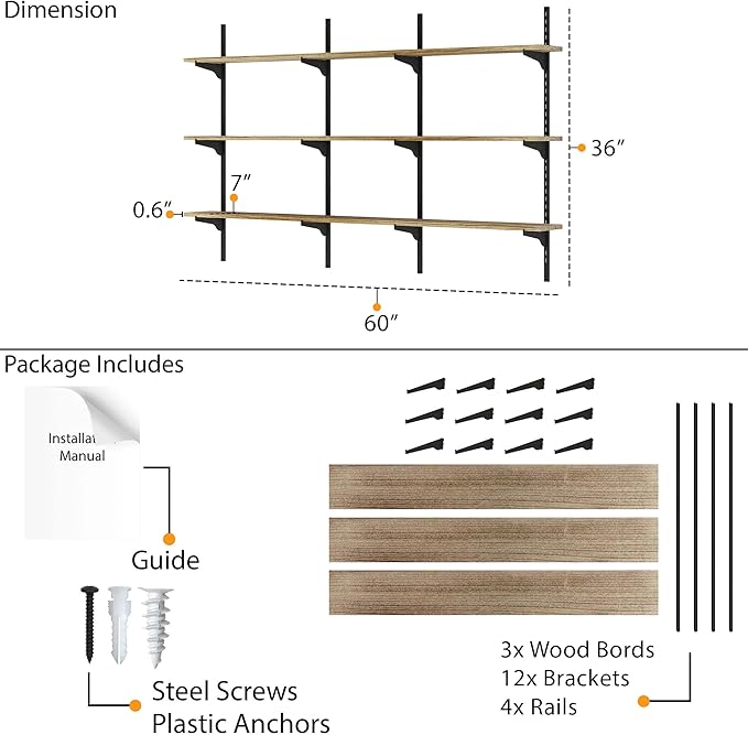 Wallniture Turin 60 Inch Floating Shelf, Adjustable Wall Shelves, Wood Shelving, Wooden Floating Shelves, Wall Mounted Bookshelf, Storage for Living Room, Kitchen, Office, 3 Tier, Burnt Finish