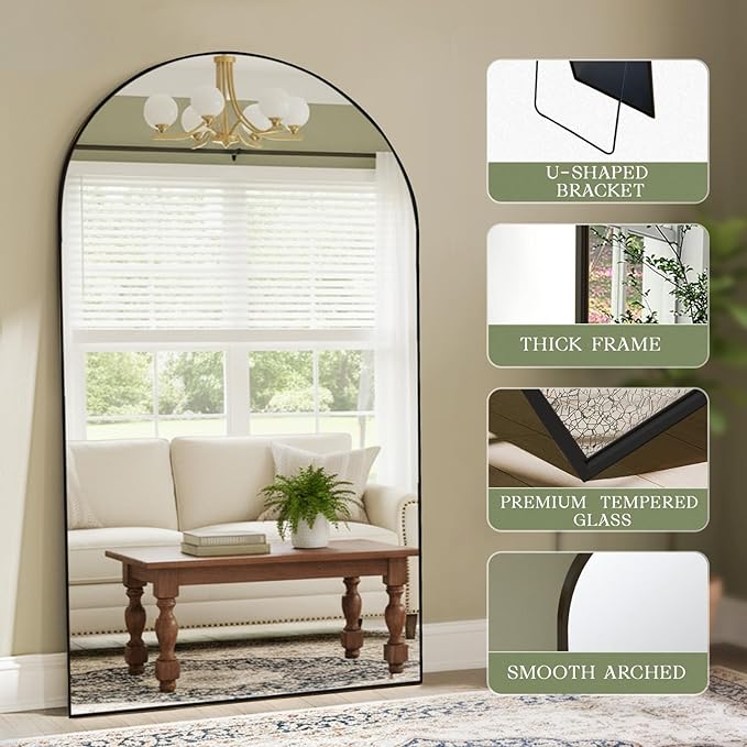 MISSDAY Oversized Arched Full Length Mirror, 83"x44" Black Full Body Mirror with Stand, Floor Mirror Large Free Standing, Leaning or Hanging, Aluminum Frame Mounted Mirrors Wall Mirrors for Bedroom