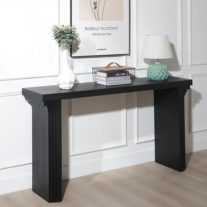 Wood Console Table, 58" Modern Minimalist Long Sofa Table Behind Couch with Uniquely Curved Legs and Engineered Wood Finish for Hallway Entryway Living Room Entrance, Black