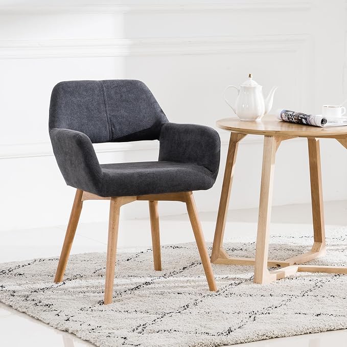 Desk Chair No Wheels Vanity Chair Comfy Accent Chair for Living Dining Room Bedroom Home Office Mid Century Modern Upholstered Armchair with Wood Legs (Charcoal, 1)