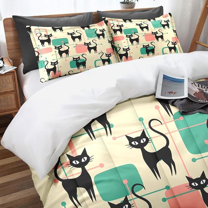 Mid Century Colorful Cat King Comforter Set, Atomic 50S Retro Bedding Set 3 Piece, All Season Soft Children Adults Bedroom Bed Decoration Comforter and 2 Pillow Shams