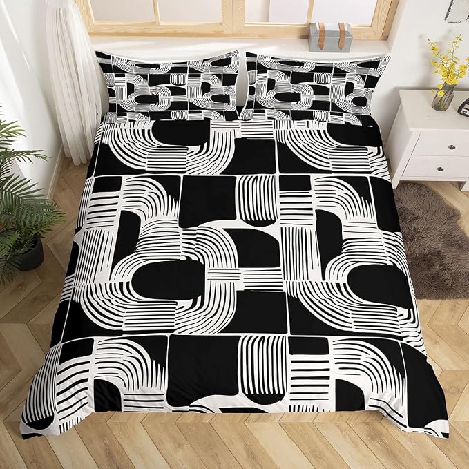 Erosebridal Black White Boys Duvet Cover Toddler Size Bohemian Geometric Bedding Set 2 Piece Mid Century Abstract Comforter Cover Boho Stripes Minimalist Bed Sets for Kids Teens Adult Men Bedroom