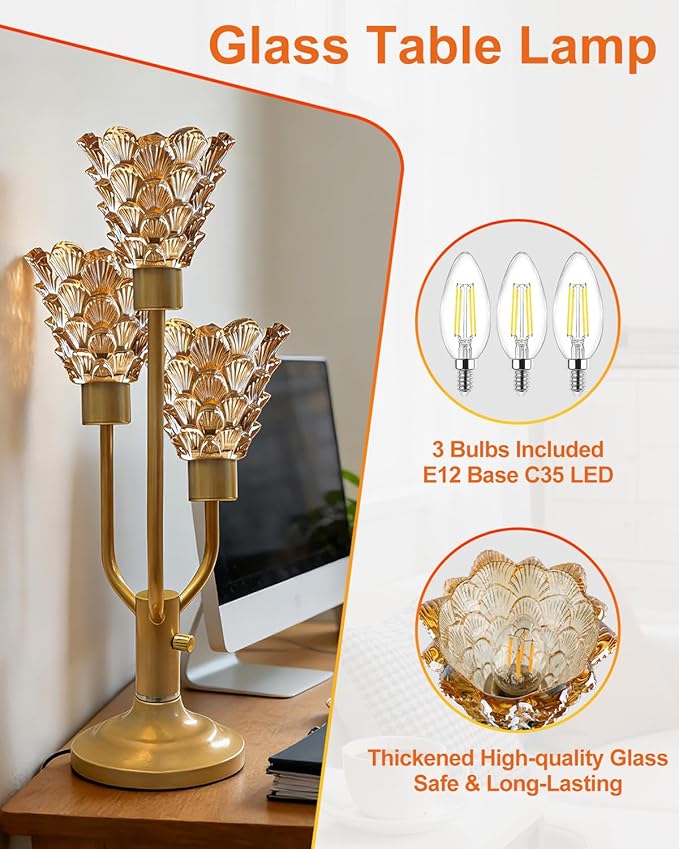 Lightdot Mid Century Modern Table Lamp for Living Room Dimmable Nightstand Lamp Vintage Gold Desk Lamp Amber Glass 3 Bulbs Included Warmwhite Ambient Bedside Lamps for Bedroom Home Office Decor Gift