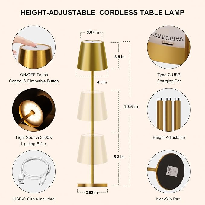 Gold Cordless Table Lamp Set of 2 - 8-20 Inches Adjustable Height, 5000mAh Rechargeable Battery LED Desk Lamp, 3 Color Stepless Dimmable, Portable Waterproof Metal Table Light for Indoor/Outdoor