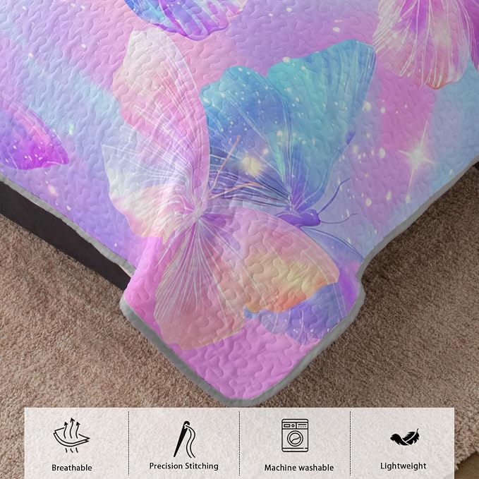 AILONEN Dreamy Pastel Butterfly Twin Quilted Comforter Set 3 Piece, Sparkling Fantasy Bedspread Coverlet with 2 Pillowcases, Magical Bedding for Girls Dorm