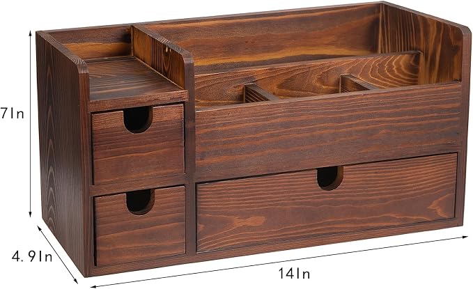 Rustic Brown Wooden Desktop Organizer Drawers Removable Office Supplies Torched Wood Storage Cabinet Caddy Box Stationery Pencil Slots Mail Holder Notes Accessories Home Makeup Tools Cosmetics